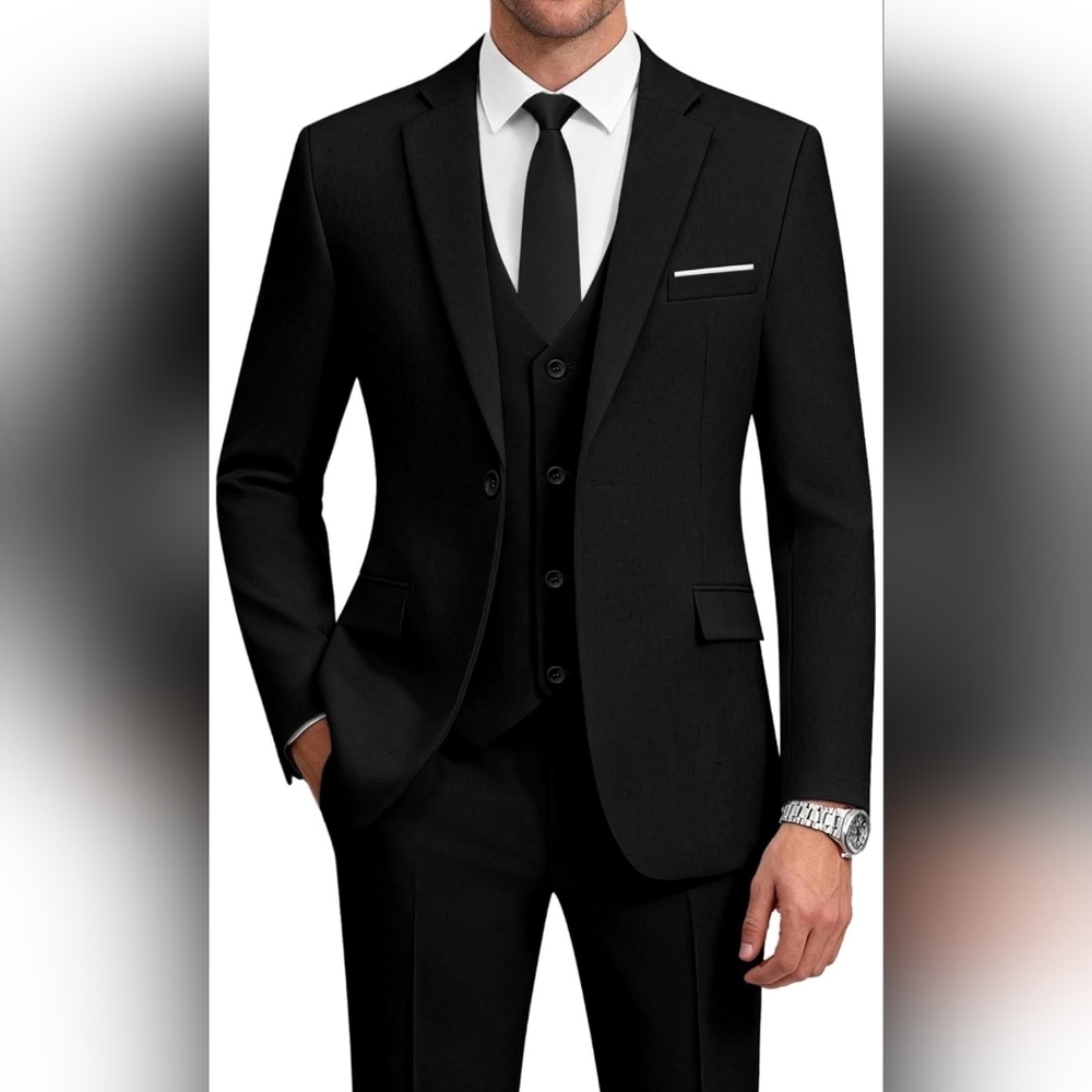 Men’s Black 3 Piece Suit | Formal Wedding Business Suit | Size L